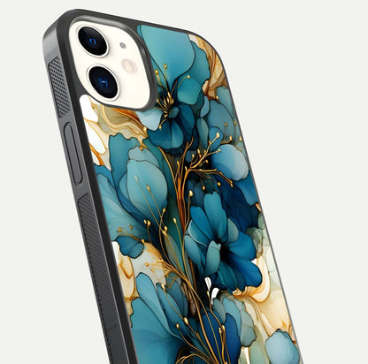Golden Bloom Symphony Glass Case for iPhone 12 Mini close-up angled shot showing detailed petals and metallic gold reflection