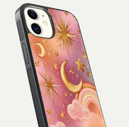 Golden Celestial Dreams Glass Case for iPhone 12 Mini close-up angled shot showing cosmic gold tones and reflection shine