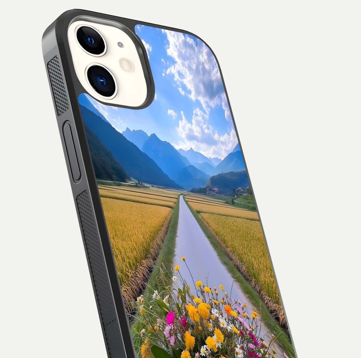 Golden Field Journey Glass Case for iPhone 12 Mini close-up angled shot showing sunlight tones and reflection clarity