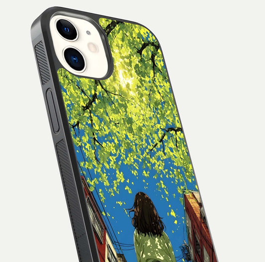Golden Leaves Glow Glass Case for iPhone 12 Mini close-up angled shot showing fine leaf texture and reflection shine