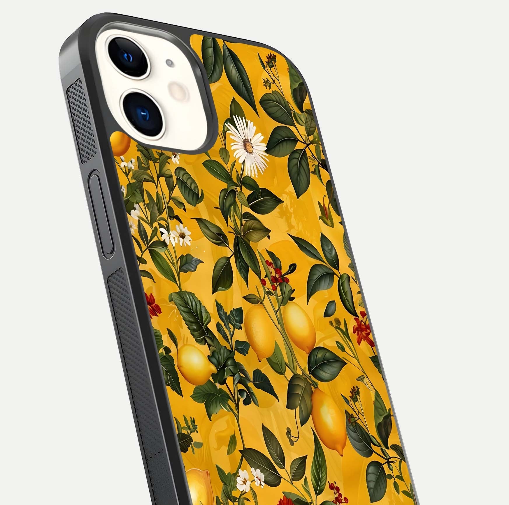 Golden Lemon Field Glass Case for iPhone 12 Mini close-up angled shot showing citrus texture and reflection brilliance