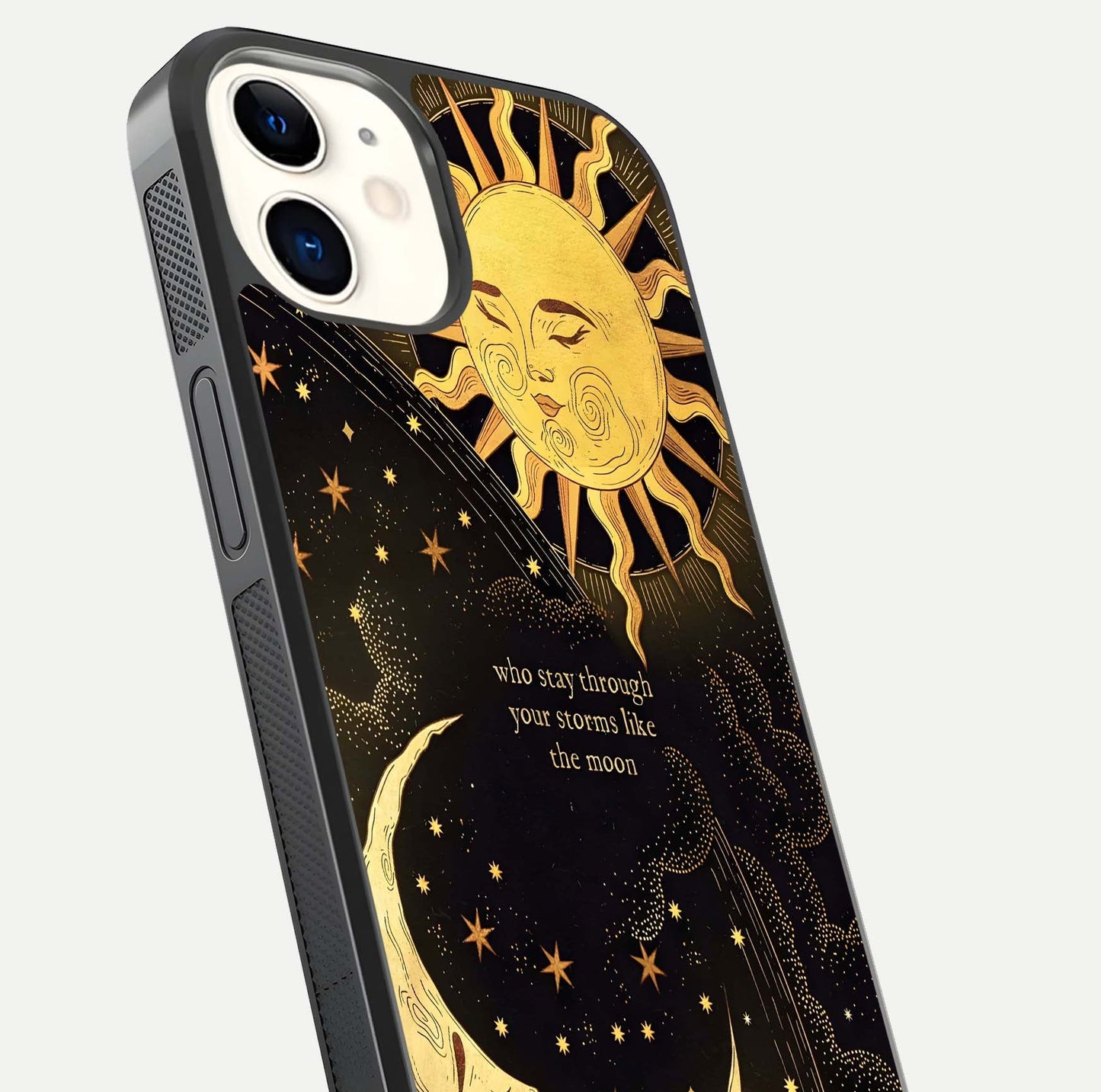Golden Lunar Love Glass Case for iPhone 12 Mini close-up angled shot showing moon glow, texture, and reflection polish
