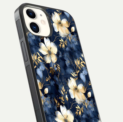 Golden Midnight Bloom Glass Case for iPhone 12 Mini close-up angled shot showing floral detail and reflection shine