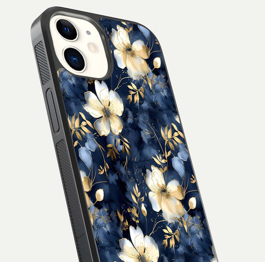 Golden Midnight Bloom Glass Case for iPhone 12 Mini close-up angled shot showing floral detail and reflection shine