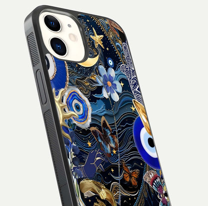 Golden Moon Magic Glass Case for iPhone 12 Mini close-up angled shot showing lunar glow, star detail, and reflection brightness