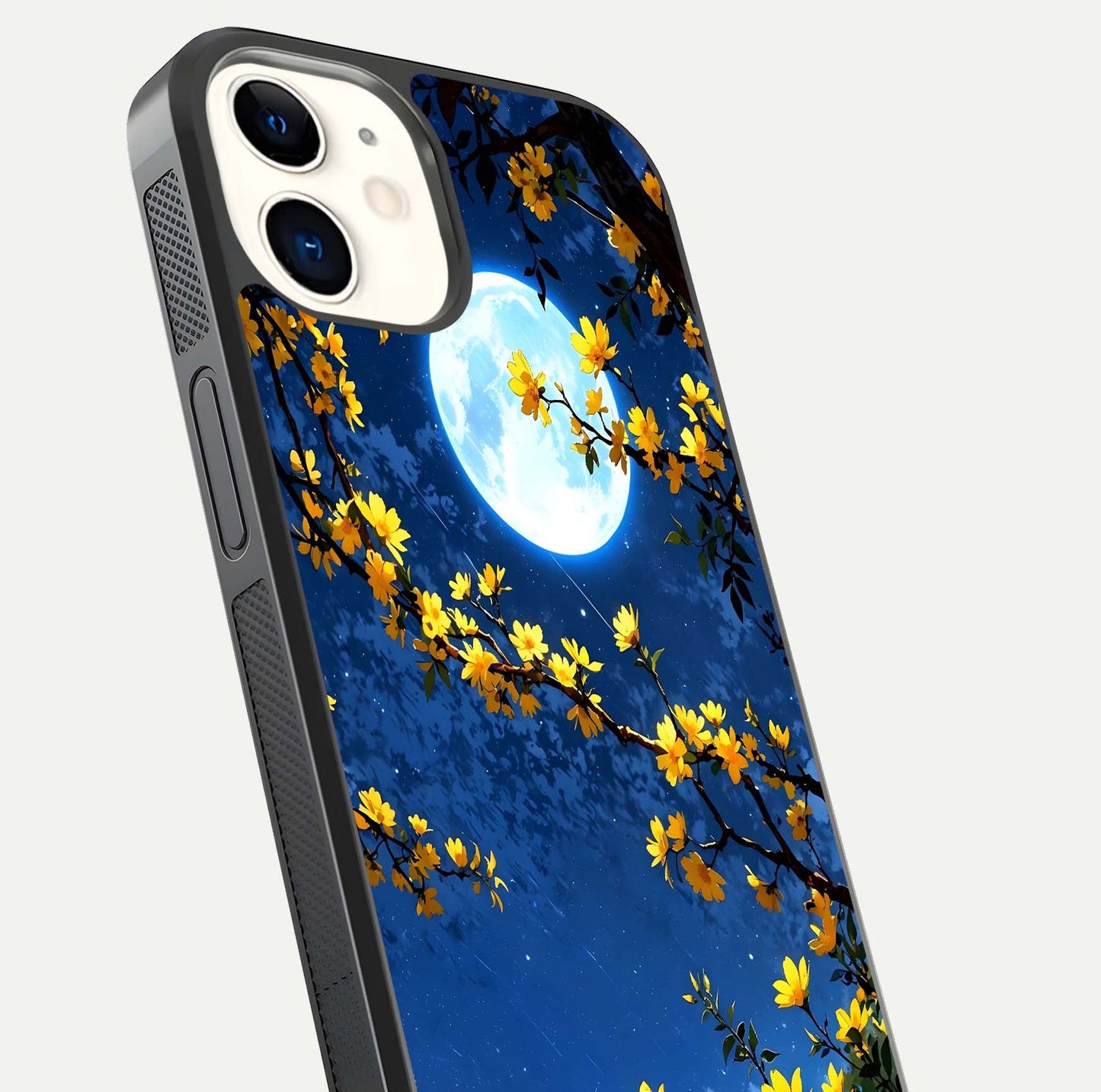 Golden Night Glow Glass Case for iPhone 12 Mini close-up angled shot showing shimmer texture and light reflection