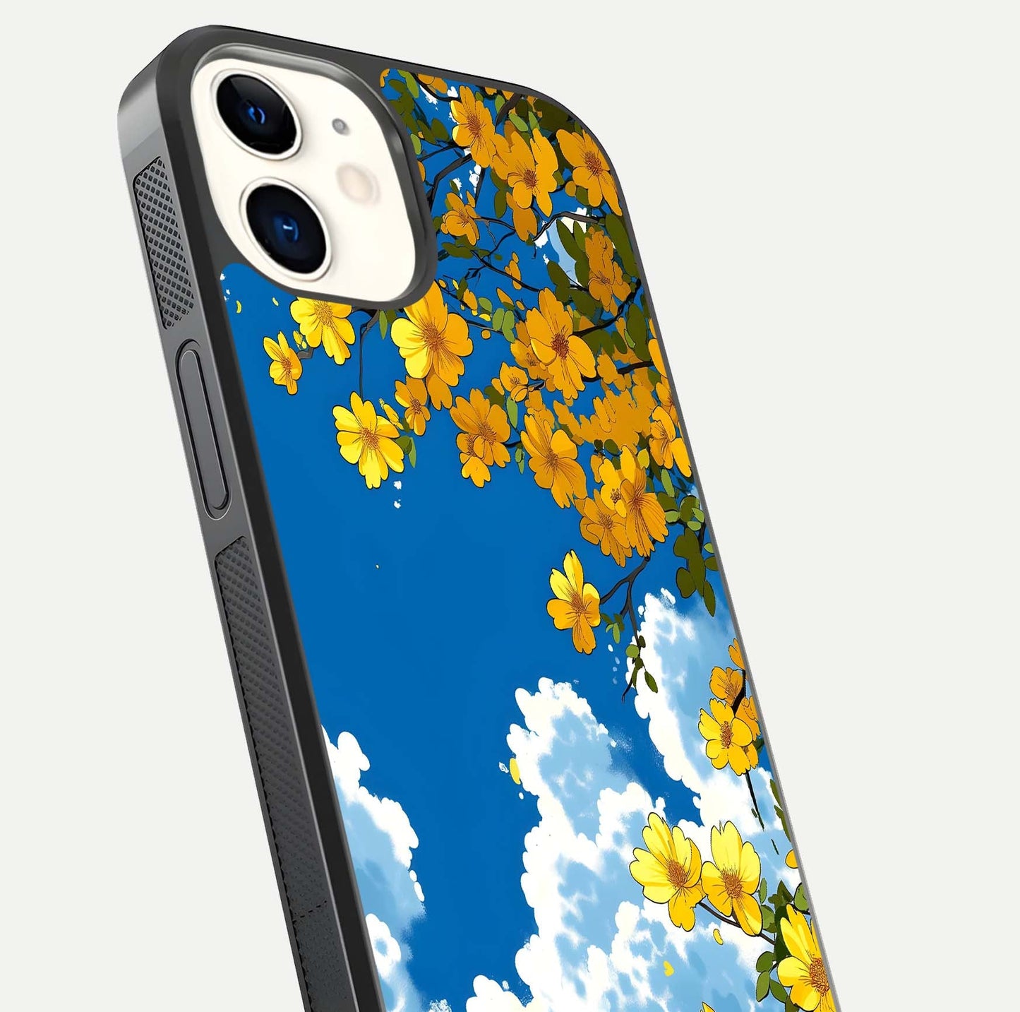 Golden Petal Sky Glass Case for iPhone 12 Mini close-up angled shot showing petal texture and shine reflection