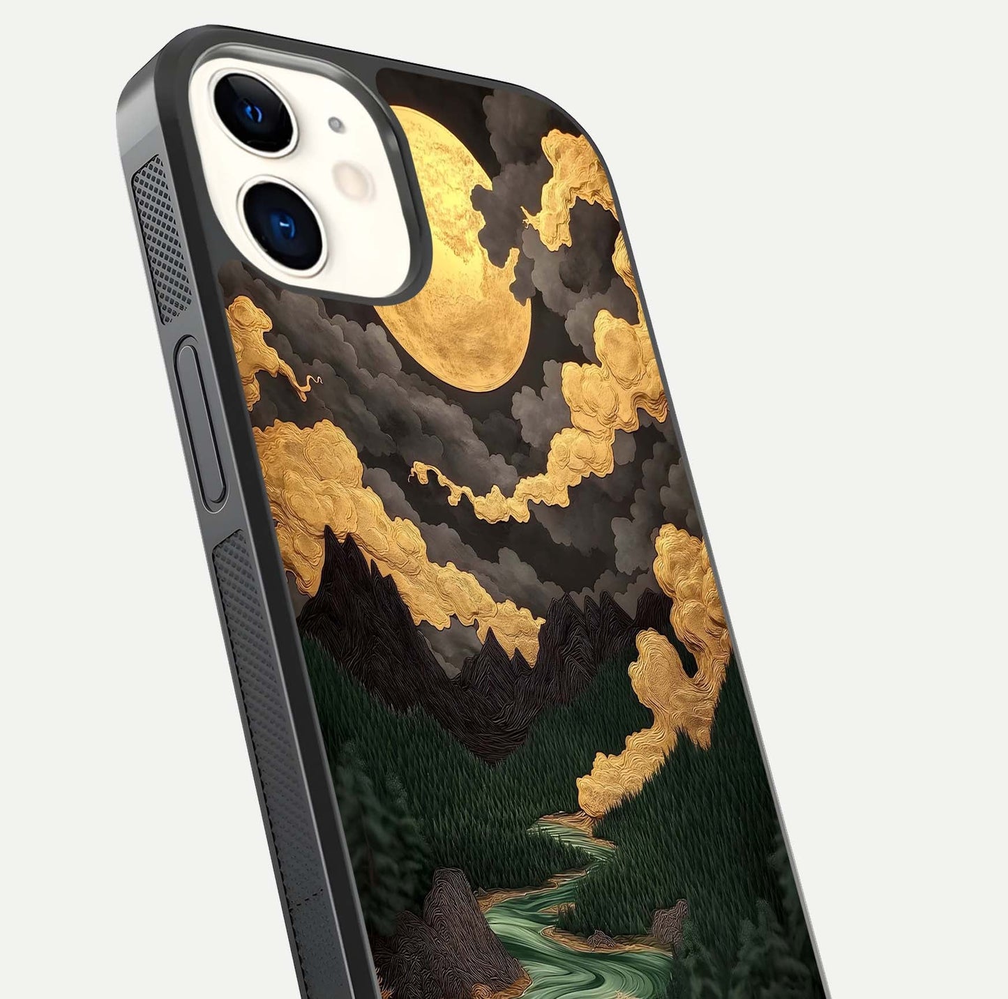 Golden River Moon Glass Case for iPhone 12 Mini close-up angled shot showing moon reflection and water shine