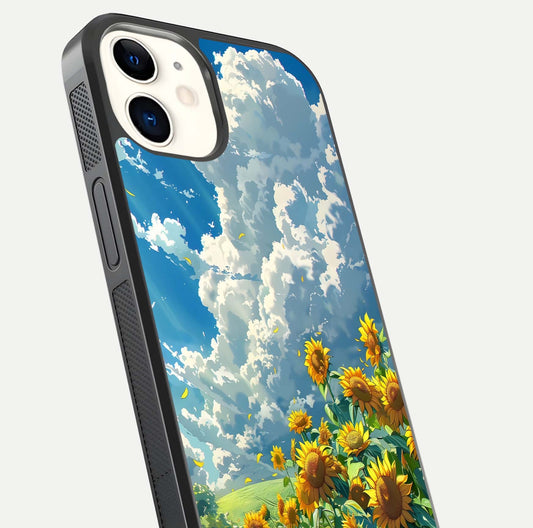 Golden Sun Glory Glass Case for iPhone 12 Mini close-up angled shot showing sunlight reflection and gold detailing