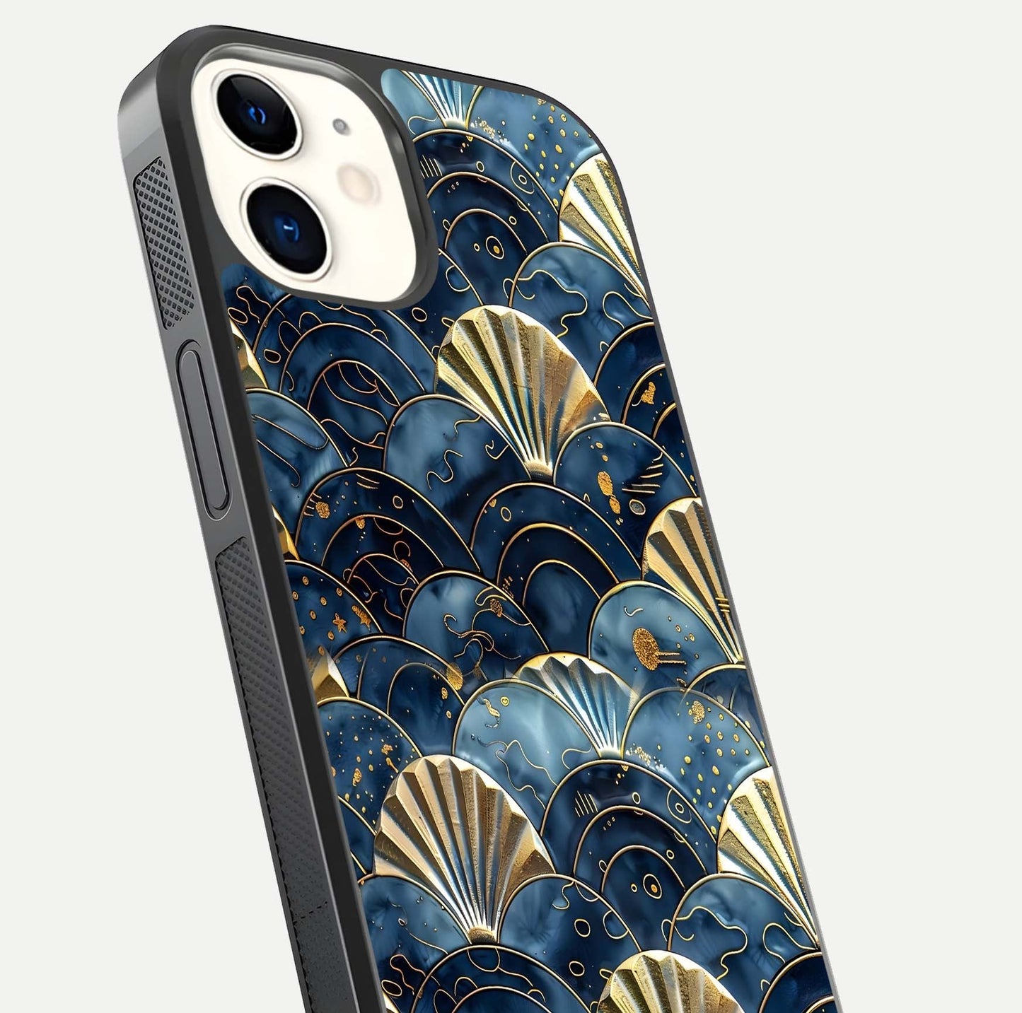 Golden Wave Luxe Glass Case for iPhone 12 Mini close-up angled shot showing flowing wave texture and reflection brightness