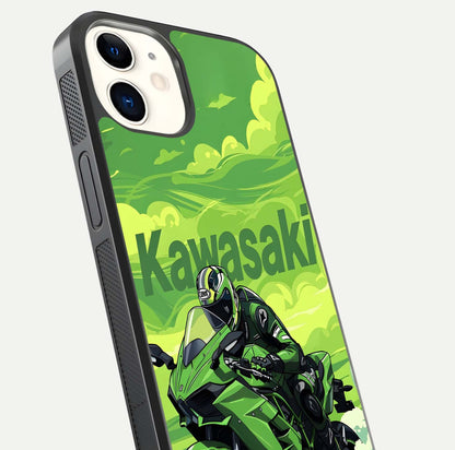 Green Kawasaki Glass Case for iPhone 12 Mini close-up angled shot showing sporty line details and reflection shine