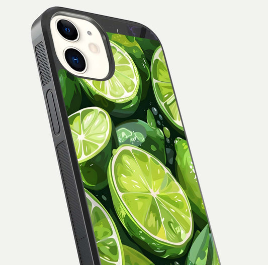 Green Lemon Glass Case for iPhone 12 Mini close-up angled shot showing lemon slice texture and reflection brightness
