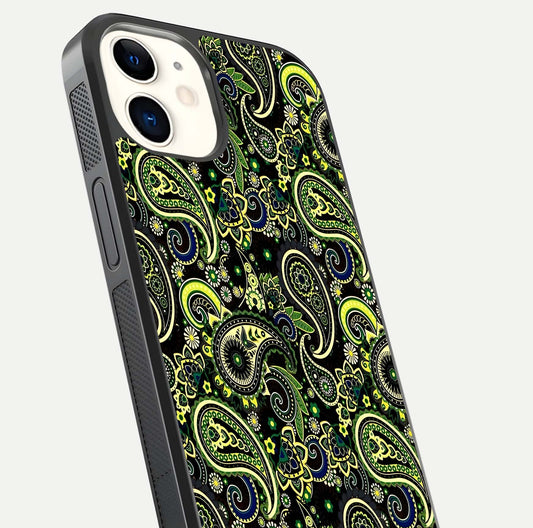 Green Mandala Pattern Glass Case for iPhone 12 Mini close-up angled shot showing fine detailing and gold-green reflection