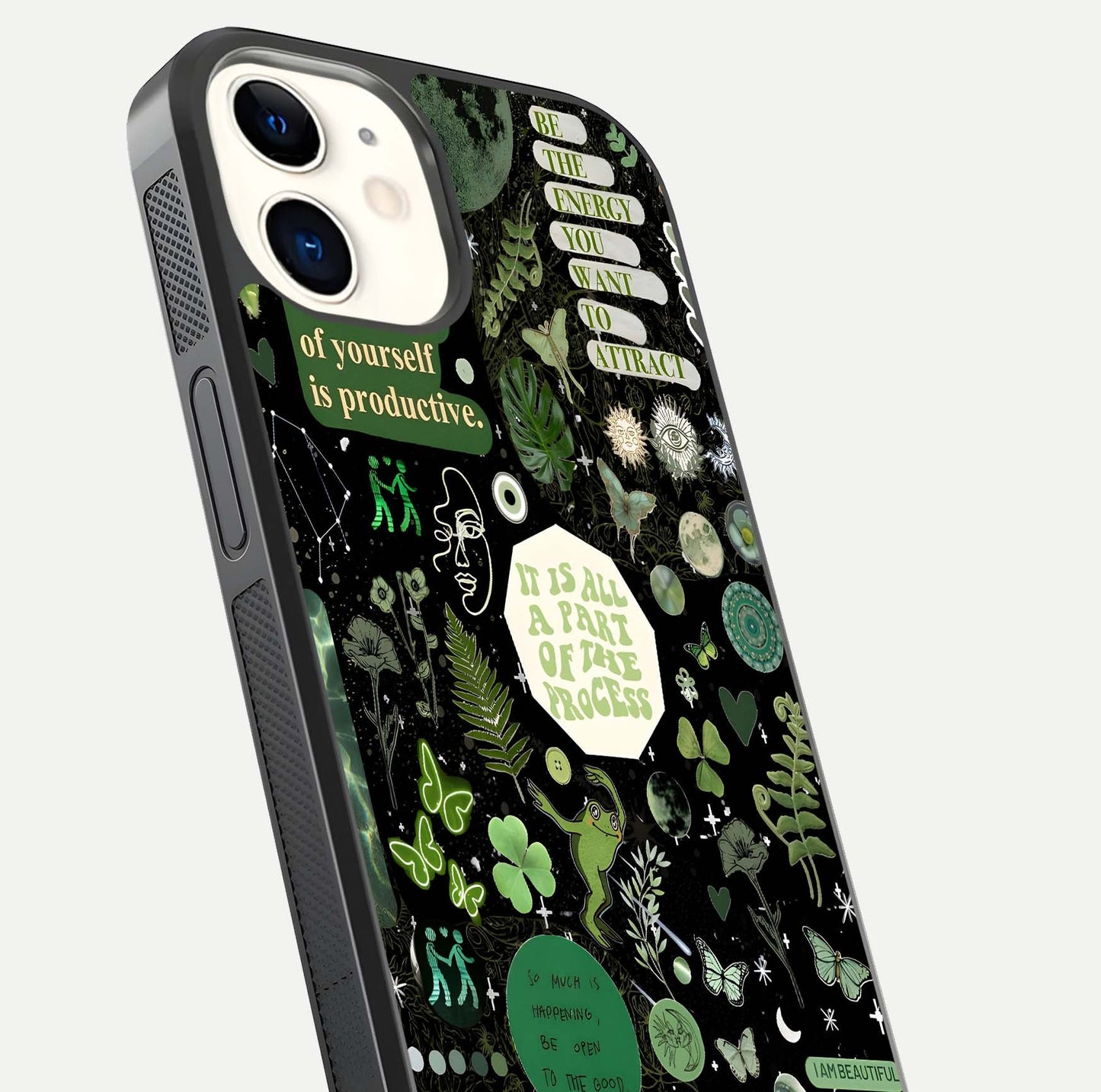 Green Moon Energy Glass Case for iPhone 12 Mini close-up angled shot showing glowing lunar detail and reflection shine