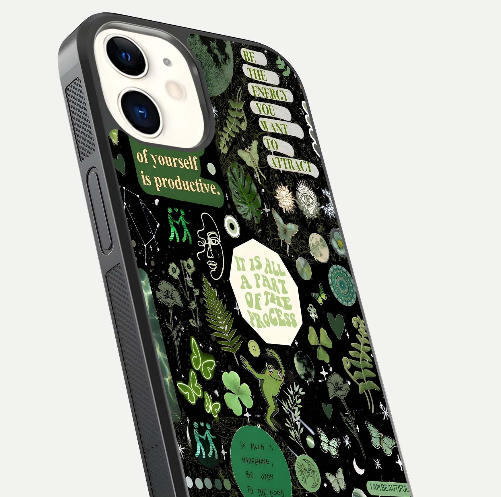 Green Moon Energy Glass Case for iPhone 12 Mini close-up angled shot showing glowing lunar detail and reflection shine