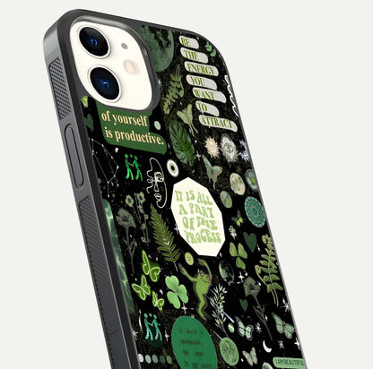 Green Moon Energy Glass Case for iPhone 12 Mini close-up angled shot showing glowing lunar detail and reflection shine