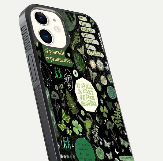 Green Moon Energy Glass Case for iPhone 12 Mini close-up angled shot showing glowing lunar detail and reflection shine