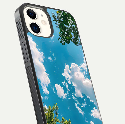 Greenery Sky Glass Case for iPhone 12 Mini close-up angled shot showing leafy tones and reflection brightness
