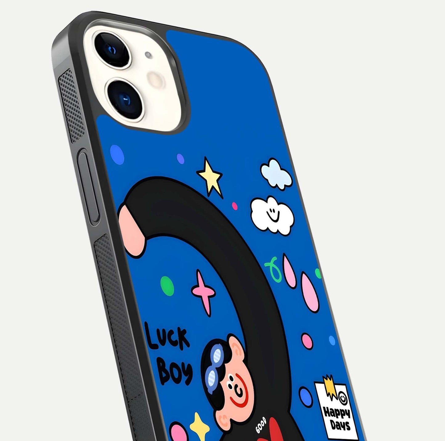 Happy Luck Vibe Glass Case for iPhone 12 Mini close-up angled shot showing color details and reflection shine