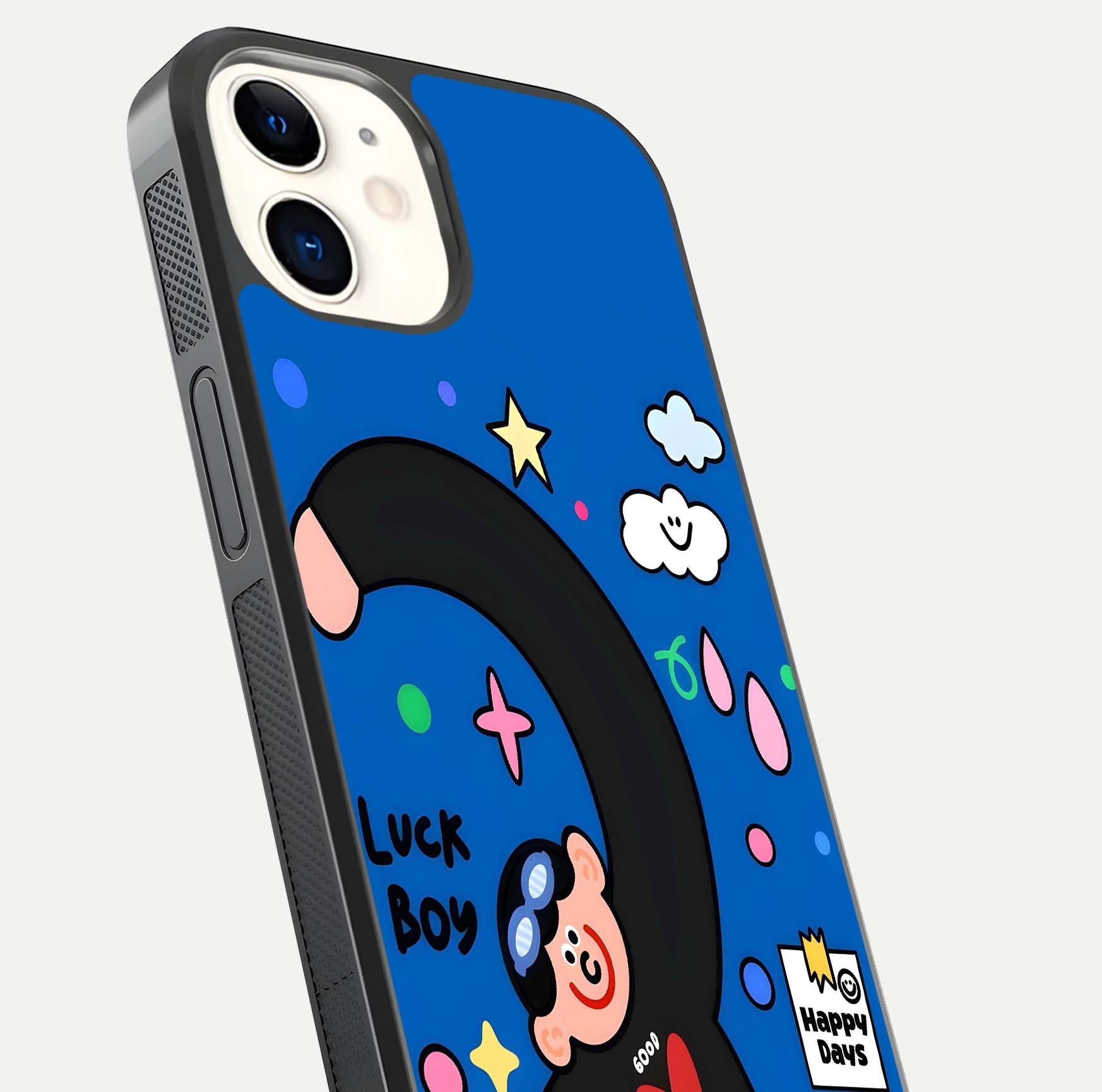 Happy Luck Vibe Glass Case for iPhone 12 Mini close-up angled shot showing color details and reflection shine