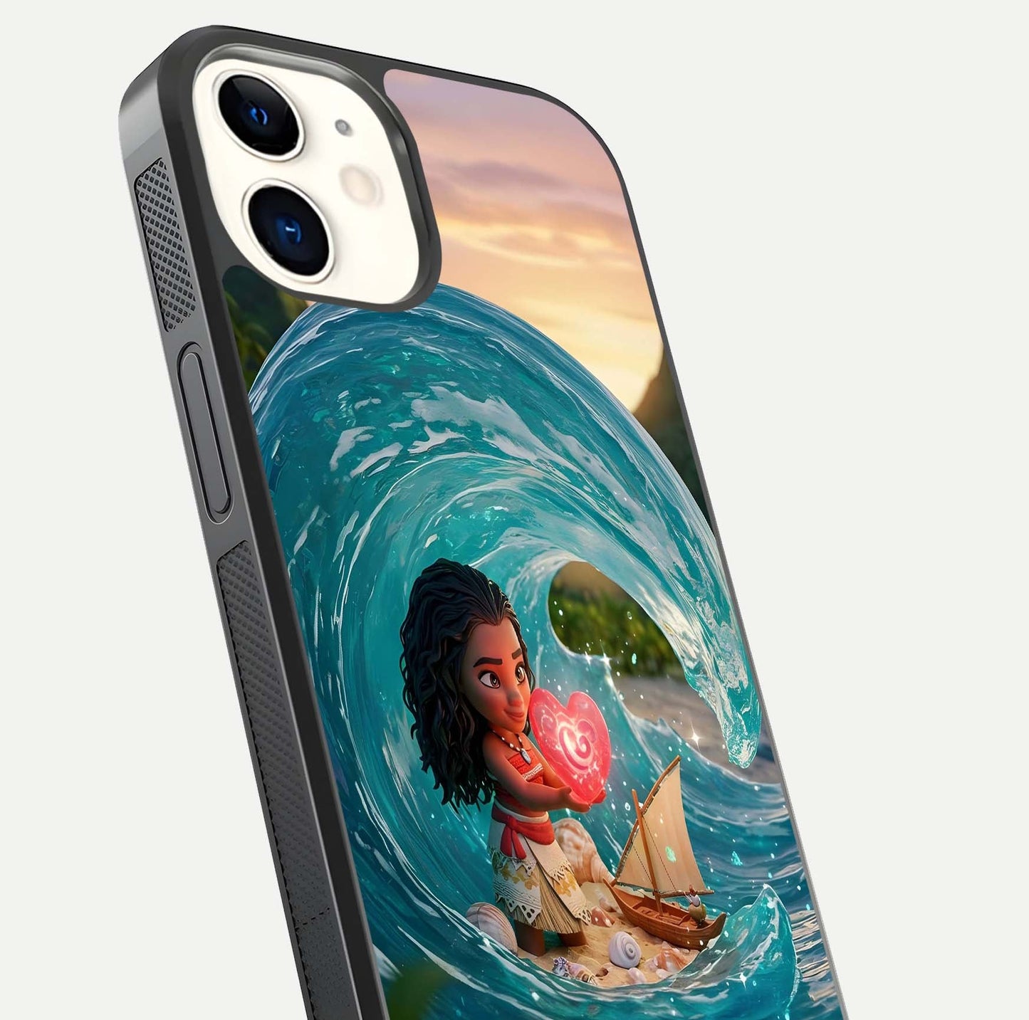 Heart of Ocean Glass Case for iPhone 12 Mini close-up angled shot showing blue tones and reflection shine