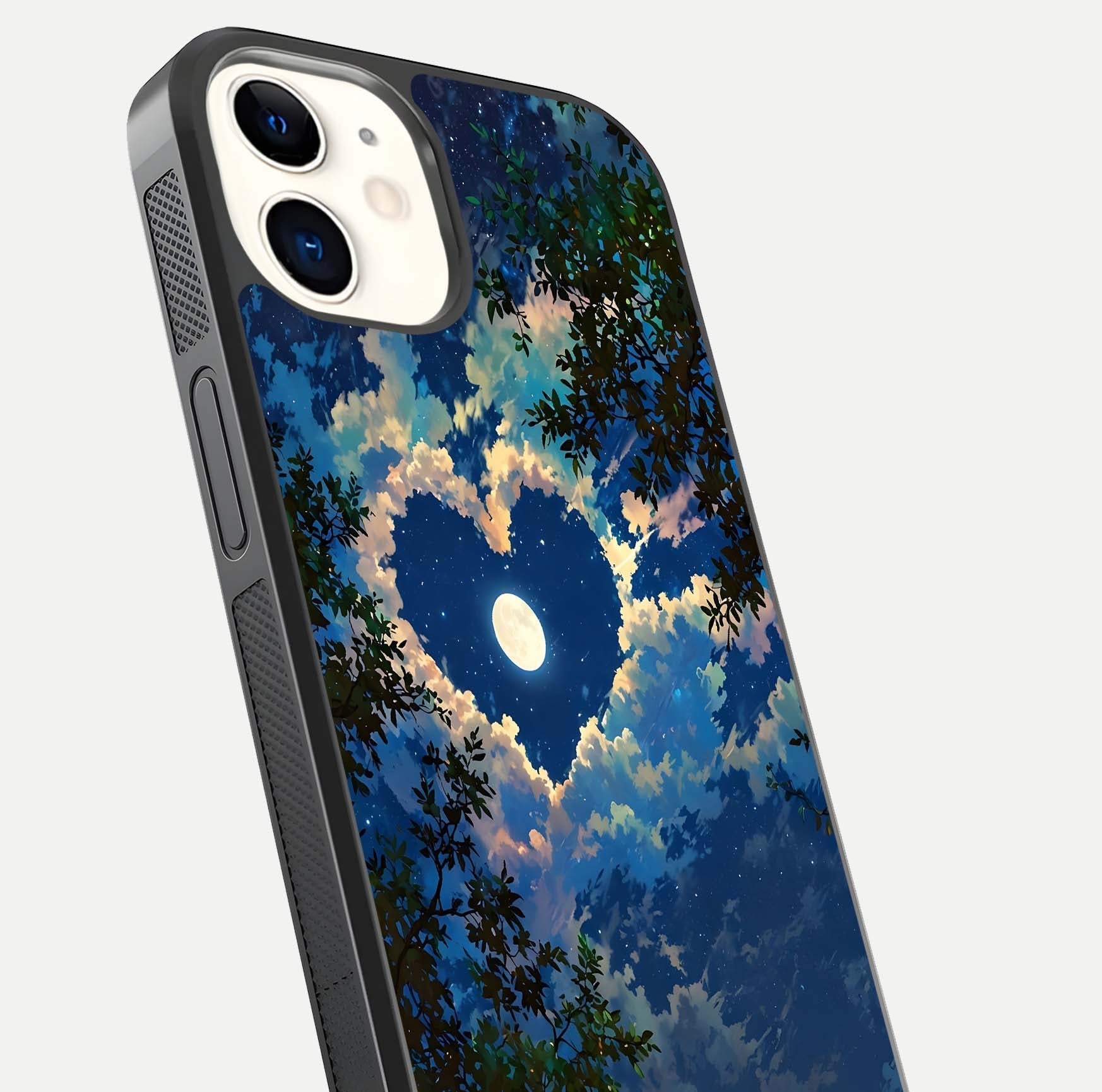 Heart with Moon Sky Glass Case for iPhone 12 Mini close-up angled shot showing lunar reflection and shine detail