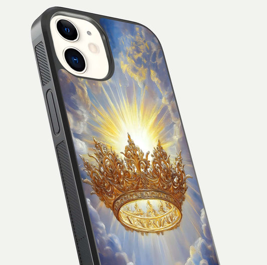 Heavenly Crown Light Glass Case for iPhone 12 Mini close-up angled shot showing glowing halo details and smooth reflection