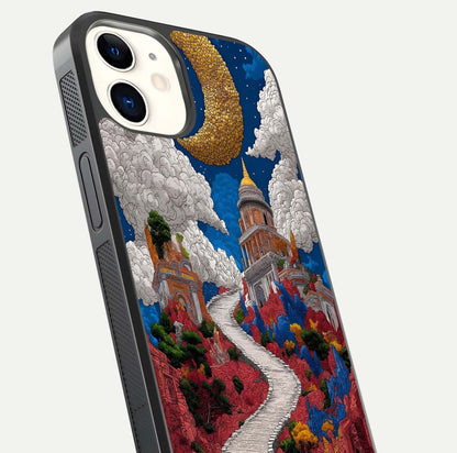 Heavenly Moon Path Glass Case for iPhone 12 Mini close-up angled shot showing moon reflection and shimmer texture