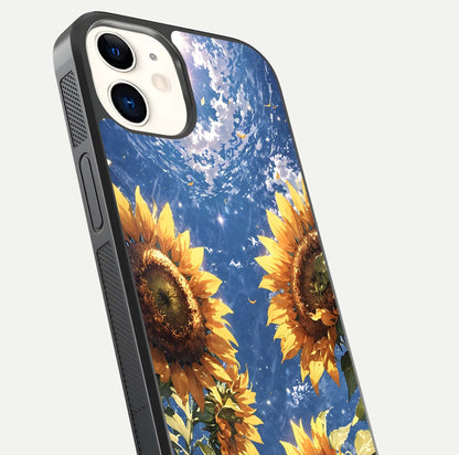 Heavenly Sunflower Rise Glass Case for iPhone 12 Mini close-up angled shot showing sunflower texture and reflection polish