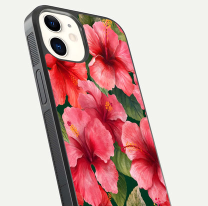 Hibiscus Pattern Glass Case for iPhone 12 Mini close-up angled shot showing flower details and gloss reflection