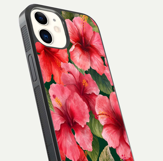 Hibiscus Pattern Glass Case for iPhone 12 Mini close-up angled shot showing flower details and gloss reflection