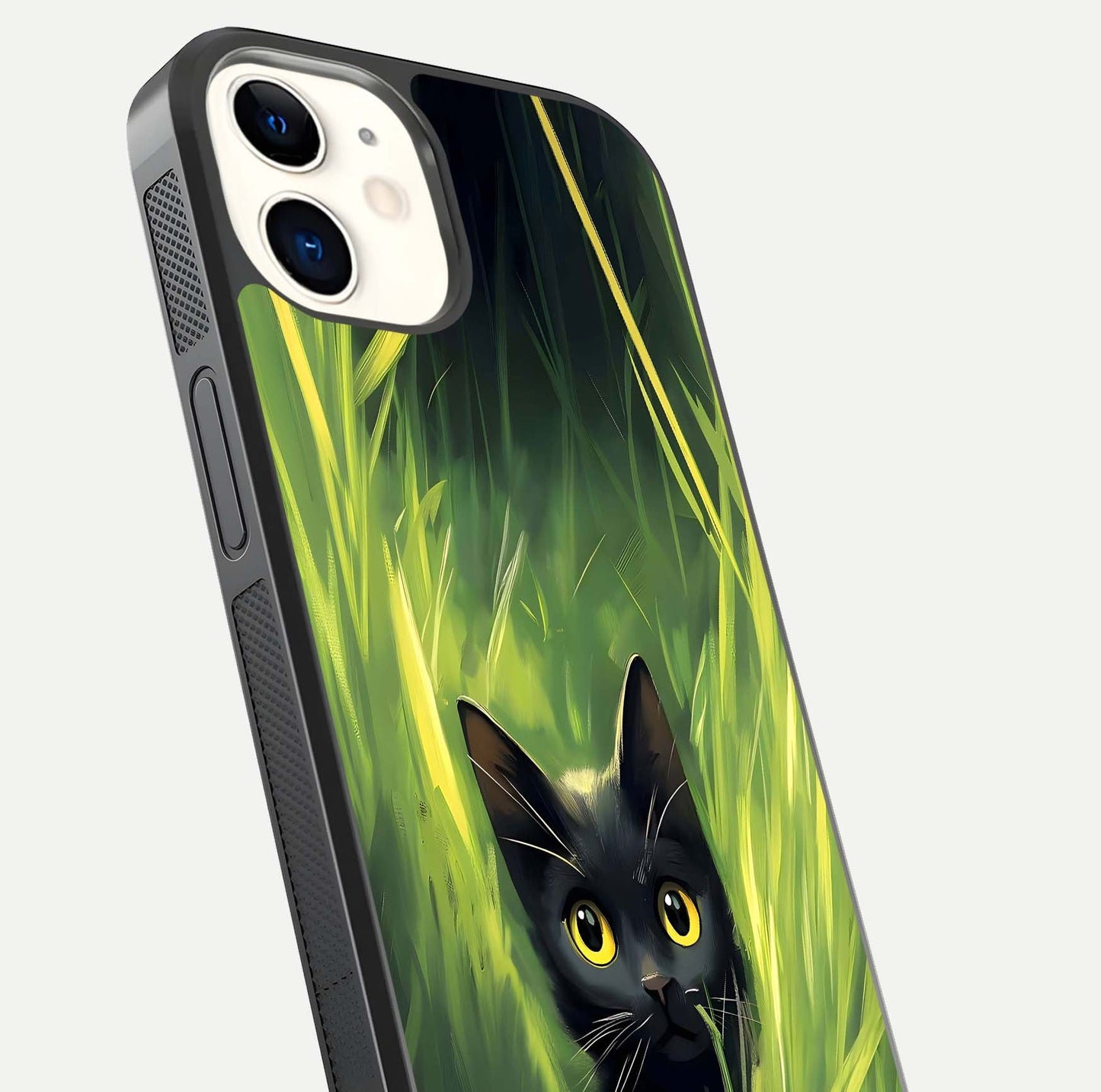 Hidden Cat Whisper Glass Case for iPhone 12 Mini close-up angled shot showing feline details and reflection polish