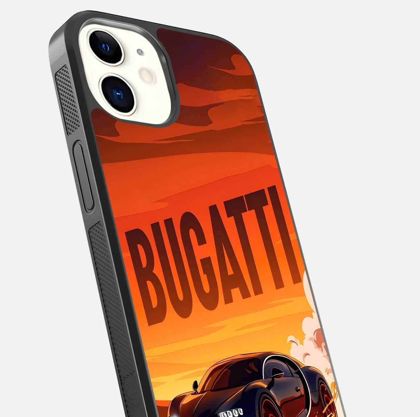 Inferno Bugatti Storm Glass Case for iPhone 12 Mini close-up angled shot showing flame details and reflection shine