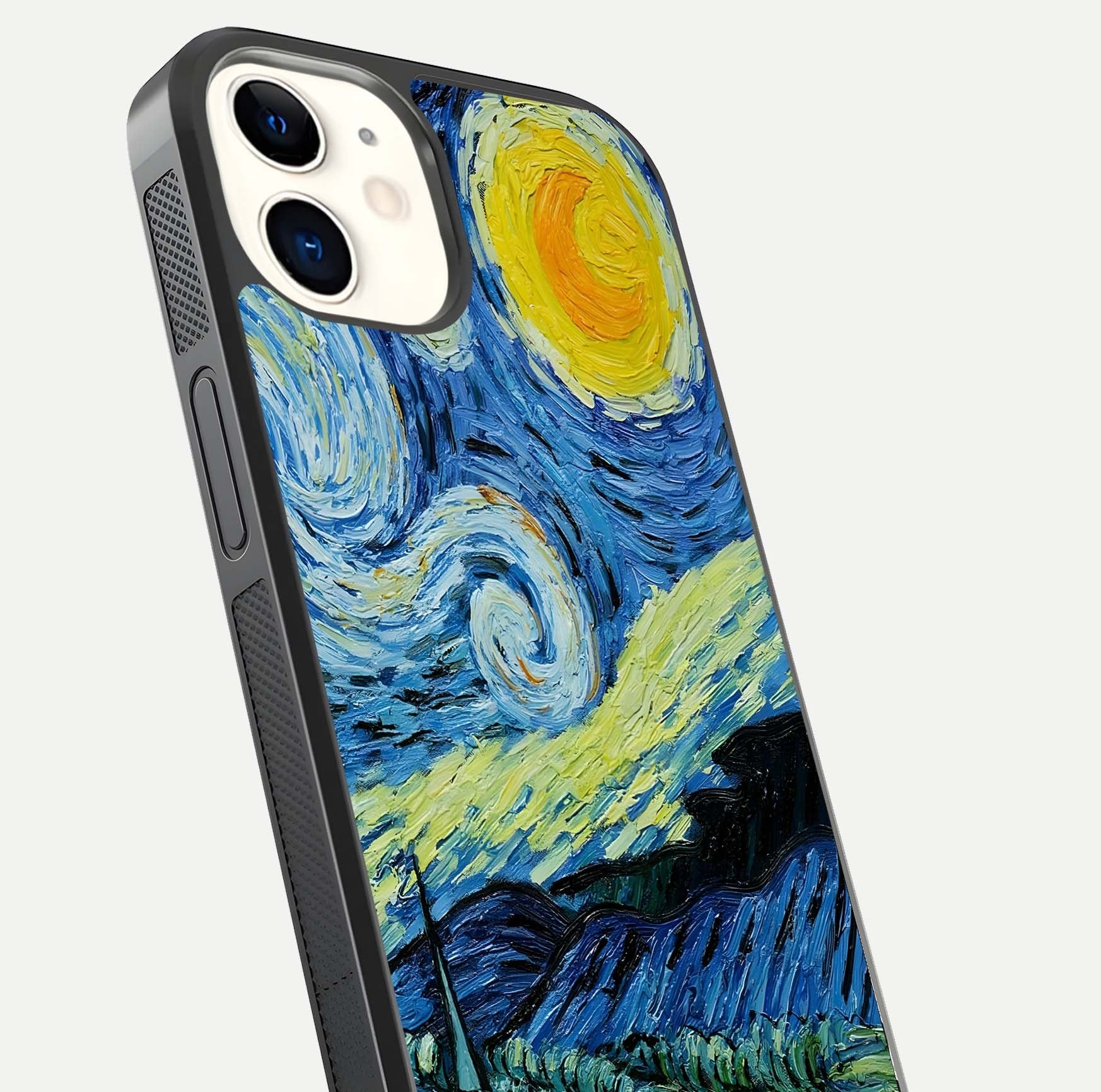 Inspired Van Gogh Art Glass Case for iPhone 12 Mini close-up angled shot showing brushstroke texture and shine detail