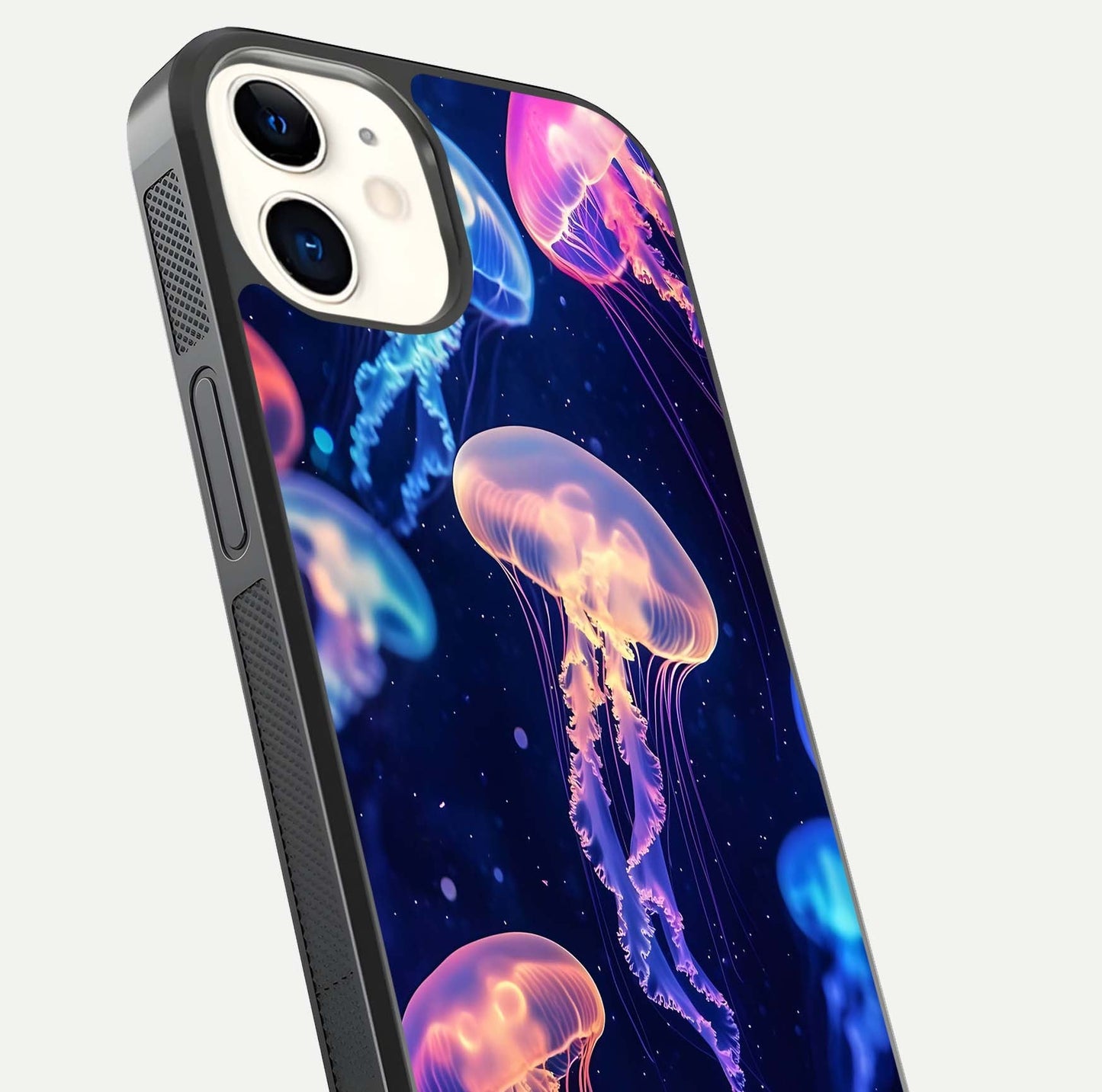 Jellyfish Pattern Glass Case for iPhone 12 Mini close-up angled shot showing translucent tentacles and light reflection
