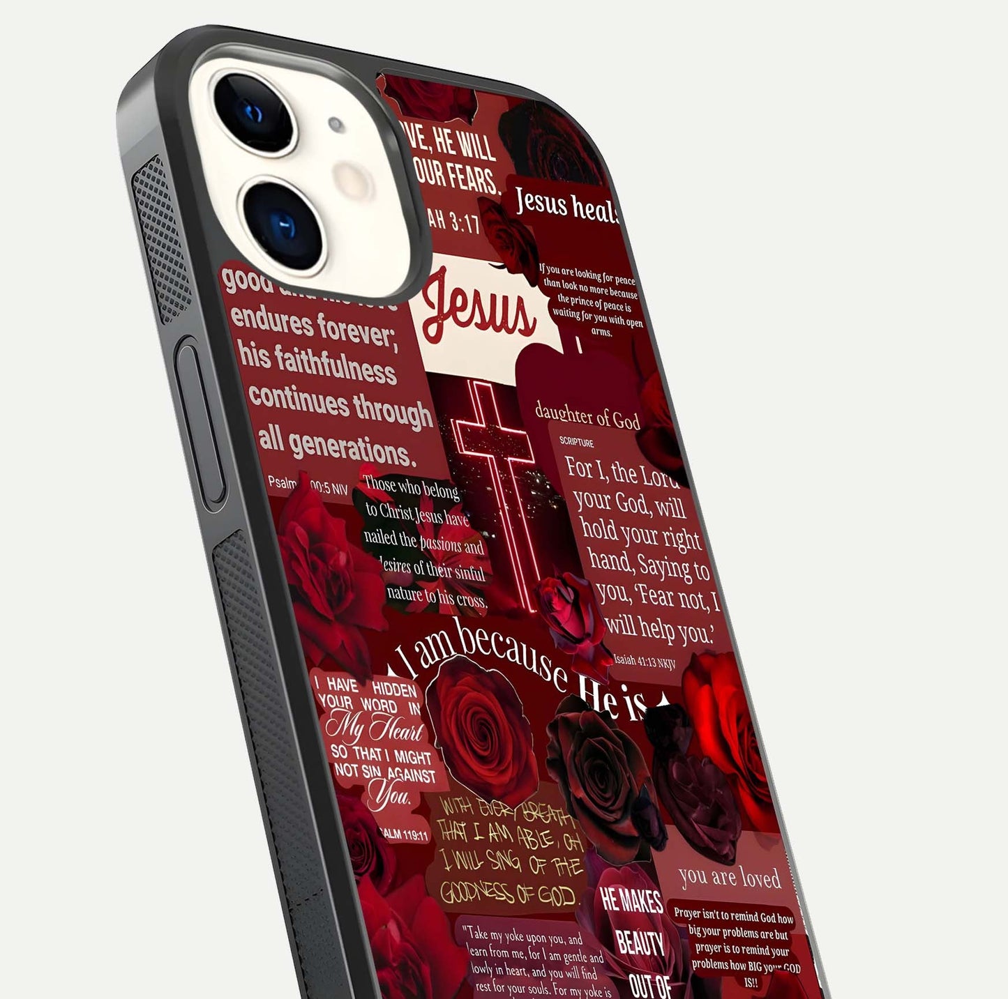 Jesus Love Heals Glass Case for iPhone 12 Mini close-up angled shot showing healing text, cross detailing, and reflection
