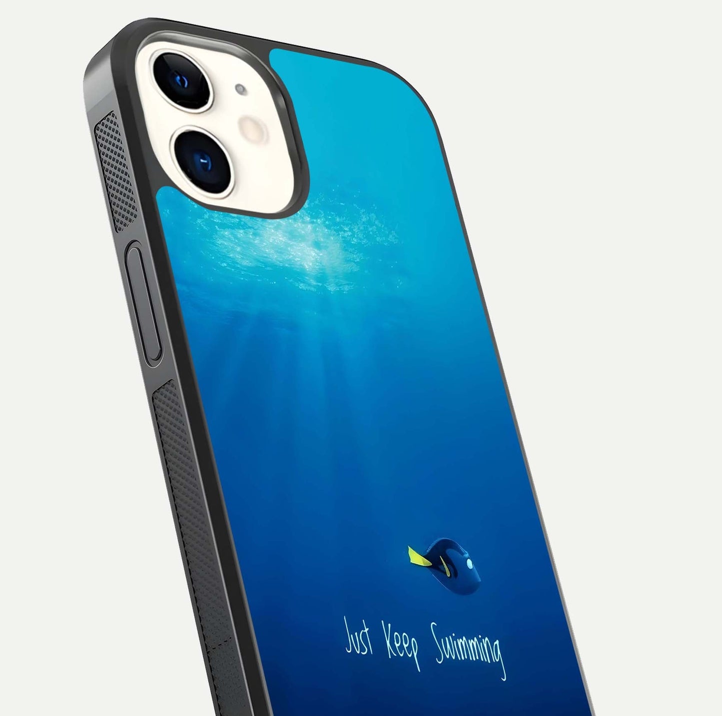 Just Keep Swimming Glass Case for iPhone 12 Mini close-up angled shot showing elegant lettering and blue tone reflection