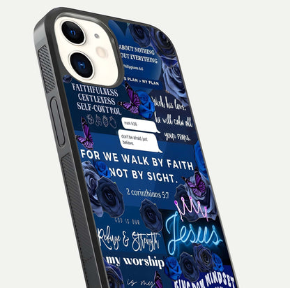 Kingdom Faith Glow Glass Case for iPhone 12 Mini close-up angled shot showing luminous text and divine reflection