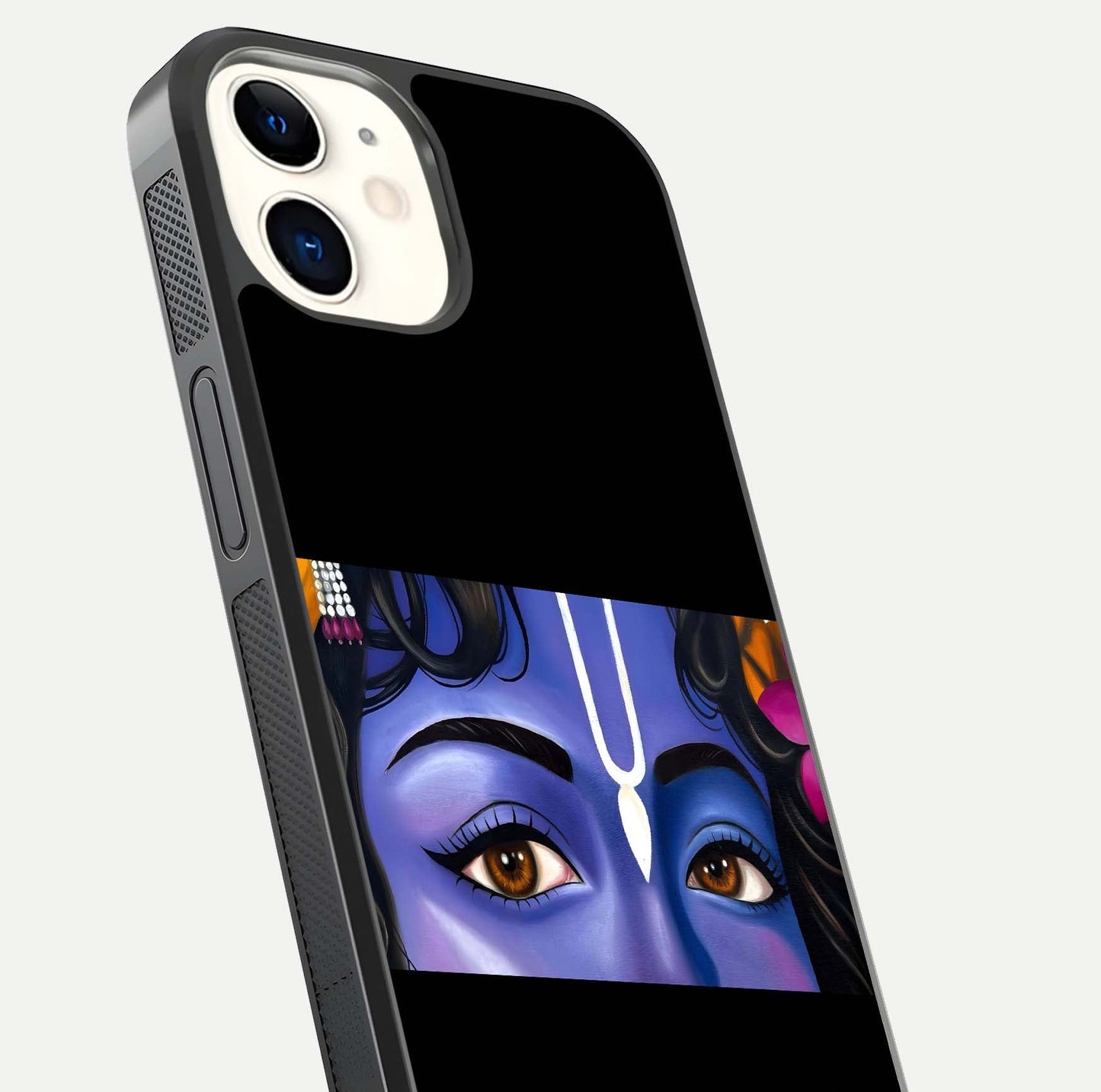 Krishna Eye Glass Case for iPhone 12 Mini close-up angled shot showing intricate artwork and reflection shine