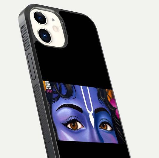 Krishna Eye Glass Case for iPhone 12 Mini close-up angled shot showing intricate artwork and reflection shine