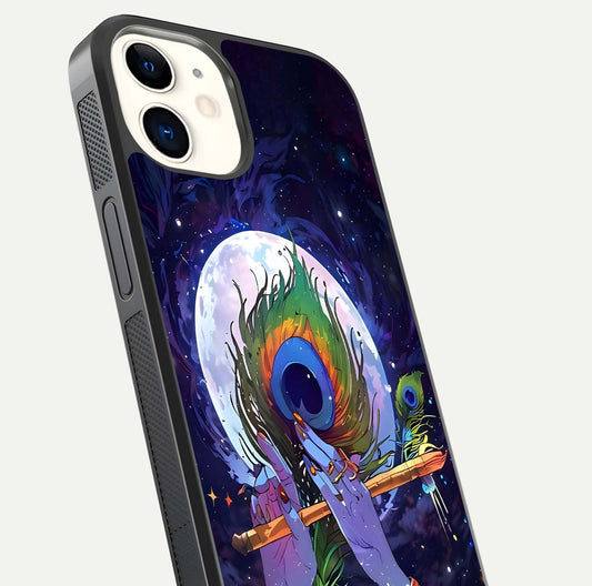 Krishna Hands Art Glass Case for iPhone 12 Mini close-up angled shot showing detailed hand design and shine