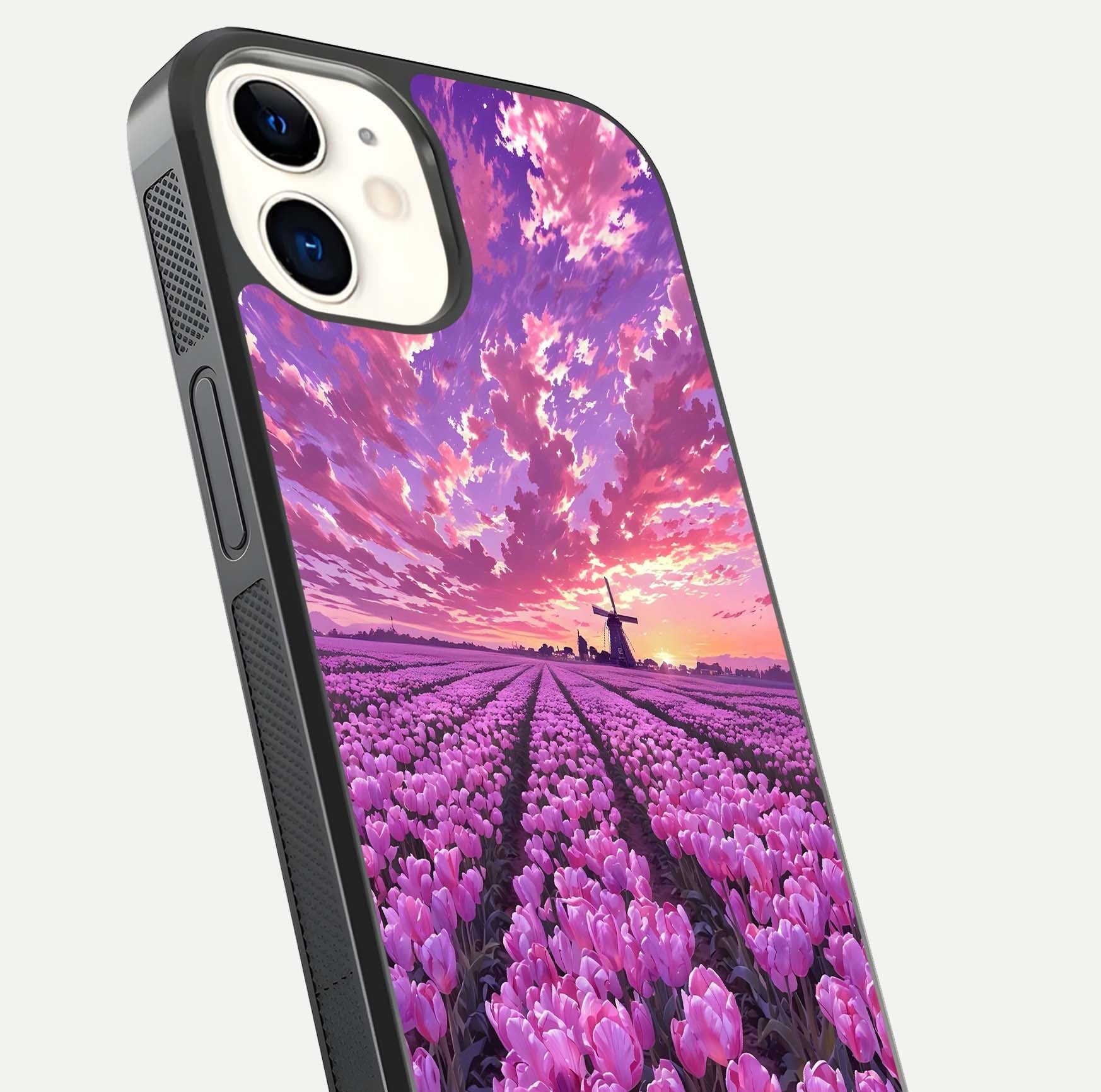 Lavender Dream Skies Glass Case for iPhone 12 Mini close-up angled shot showing purple hues and soft reflection