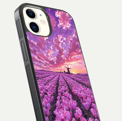 Lavender Dream Skies Glass Case for iPhone 12 Mini close-up angled shot showing purple hues and soft reflection