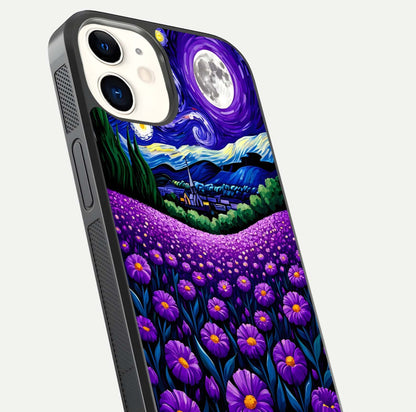 Lavender Moon Field Glass Case for iPhone 12 Mini close-up angled shot showing moon glow and purple detailing