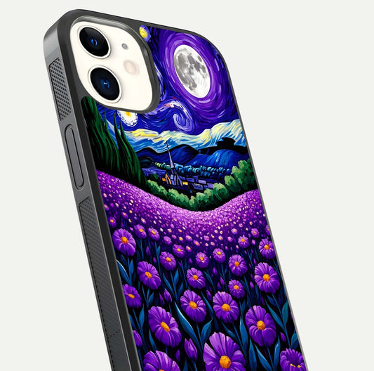 Lavender Moon Field Glass Case for iPhone 12 Mini close-up angled shot showing moon glow and purple detailing