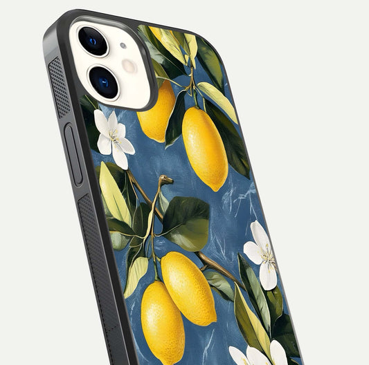 Lemon Dream Garden Glass Case for iPhone 12 Mini close-up angled shot showing fruit details and shine reflection
