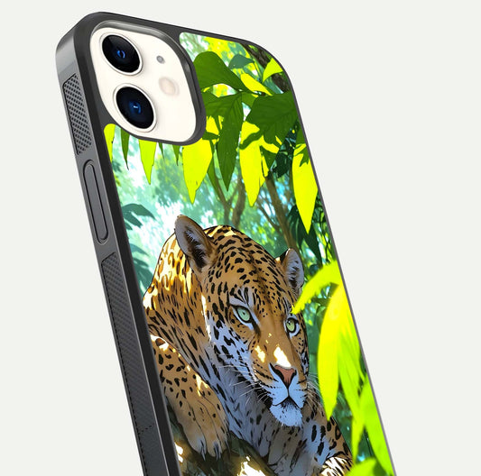 Leopard in Jungle Glass Case for iPhone 12 Mini angled close-up showing fur texture and glossy shine reflection