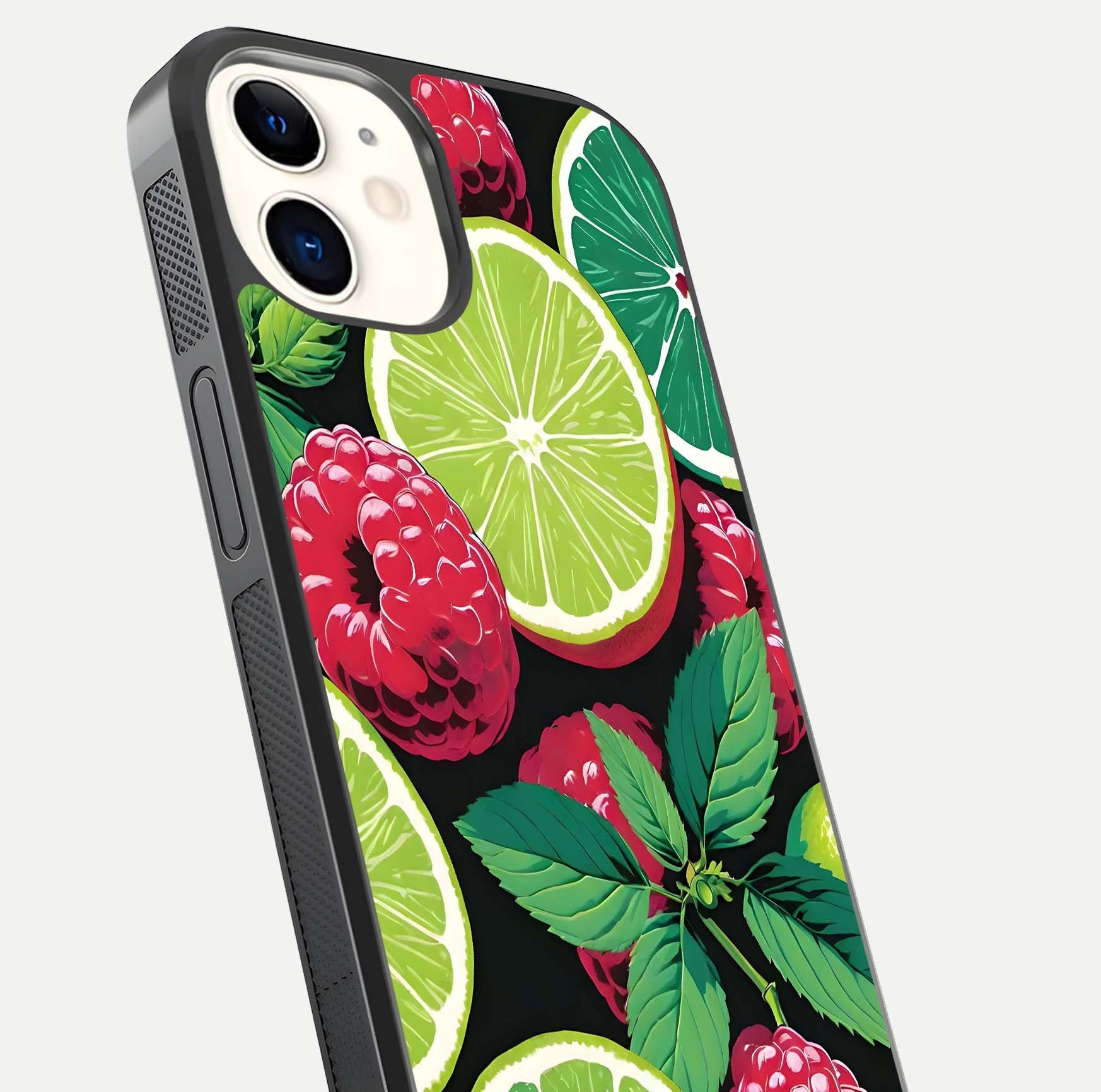 Lime and Raspberry Pattern Glass Case for iPhone 12 Mini angled close-up showing fruit texture and reflection glow