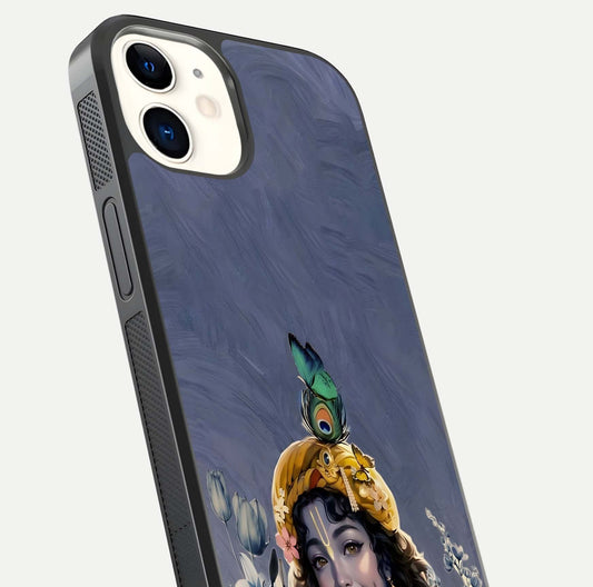 Lord Krishna Glass Case for iPhone 12 Mini angled close-up showing intricate flute and reflection details