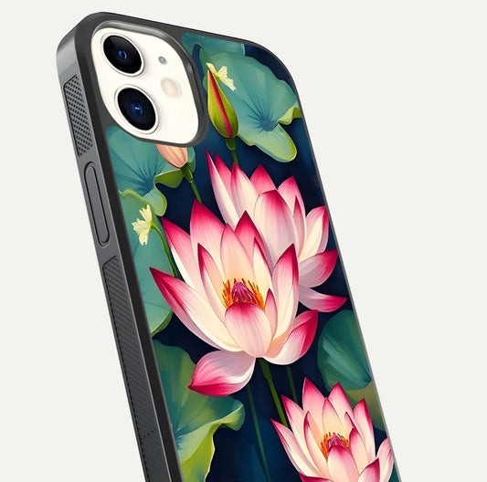 Lotus Dream Serenity Glass Case for iPhone 12 Mini close-up angled shot showing floral details and soft shine